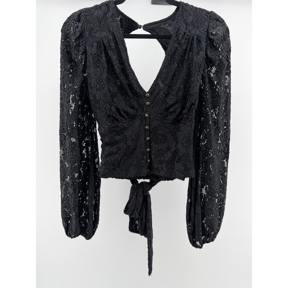 Anthro Black Lace Whimsigoth Blouse Sm. Sheer Witchy Fairy Boho Tie Back Y2K Top